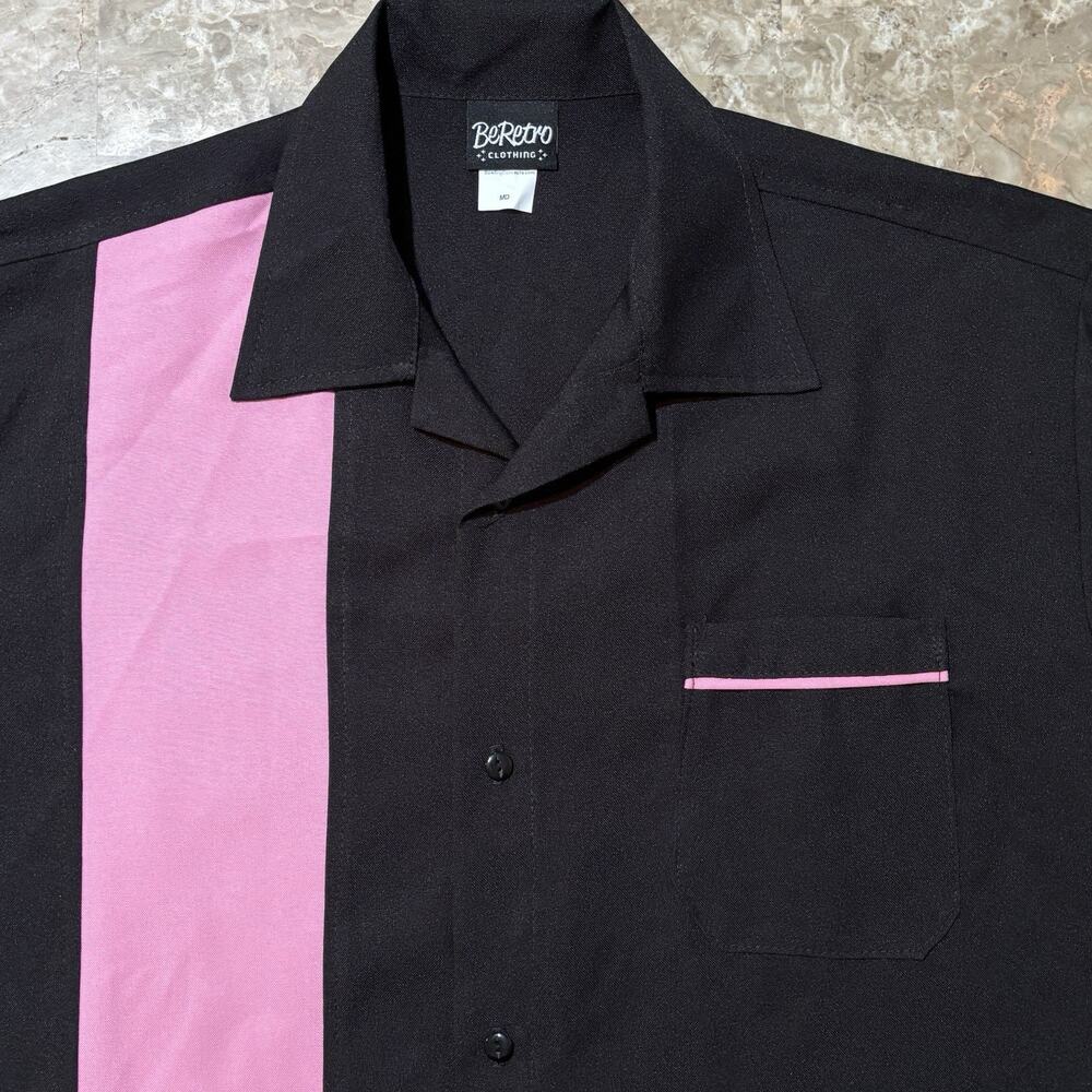 Be Retro Bowling Shirt Mens Medium Black Pink Colorblock Soprano Made In USA